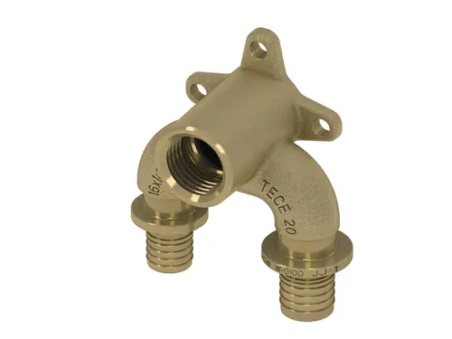 TECE-Produkt mit zwei Anschlussstücken, einem gewinkelten Bereich und Montagelöchern, hergestellt aus Siliziumbronze. Ideal für Rohrsysteme.